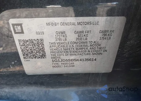 2019 Chevrolet Sonic Lt Auto из США, поврежденный, VIN 1G1JD5SB5K4135614